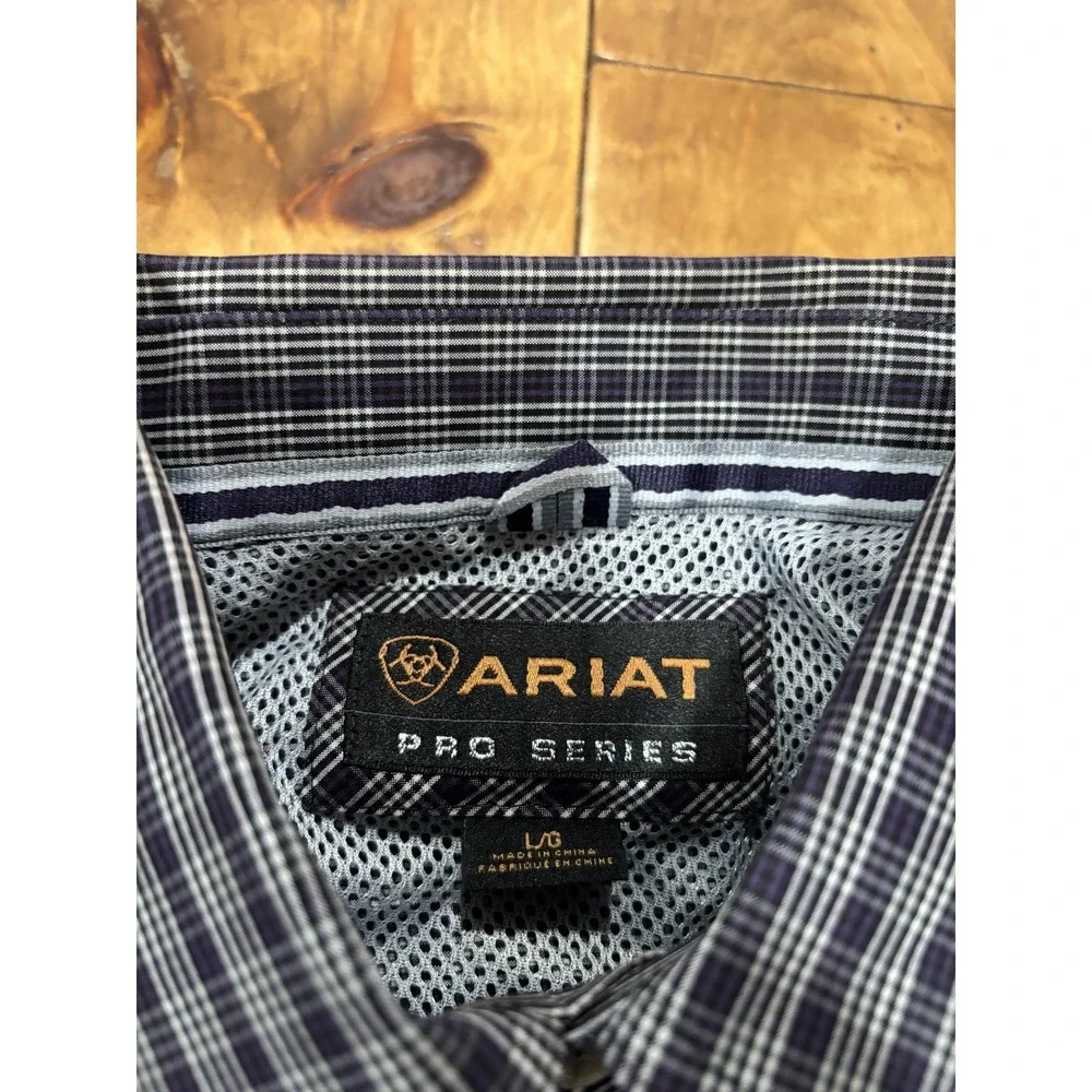 Ariat Pro Series Men's Large L/G Plaid Button Down Long Sleeve Shirt Black White